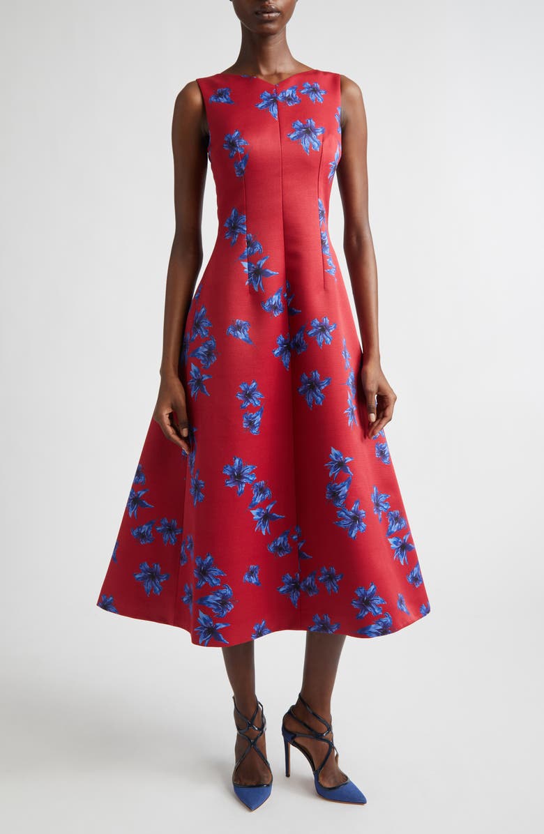 Emilia Wickstead Octavie Festive Lilies Faille Fit & Flare Midi Dress, Main, color, Festive Lillies - Red Blue
