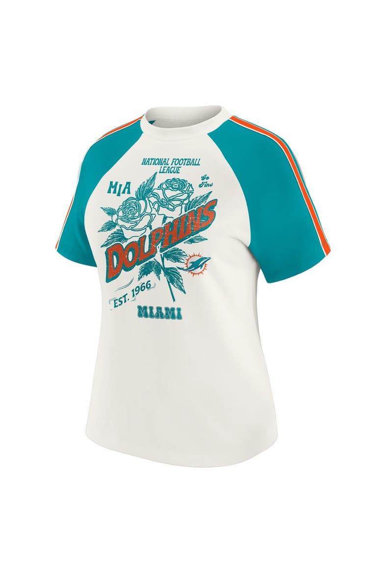 Women's WEAR by Erin Andrews White Miami Dolphins Sleeve Stripe Distressed Raglan T-Shirt, Alternate, color, White