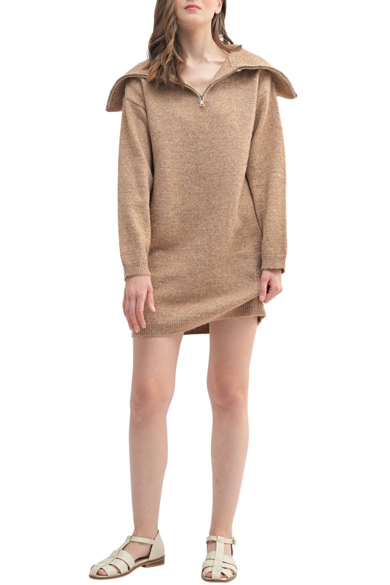 Zip Collar Long Sleeve Mini Sweater Dress, Alternate, color, MARLED TAUPE