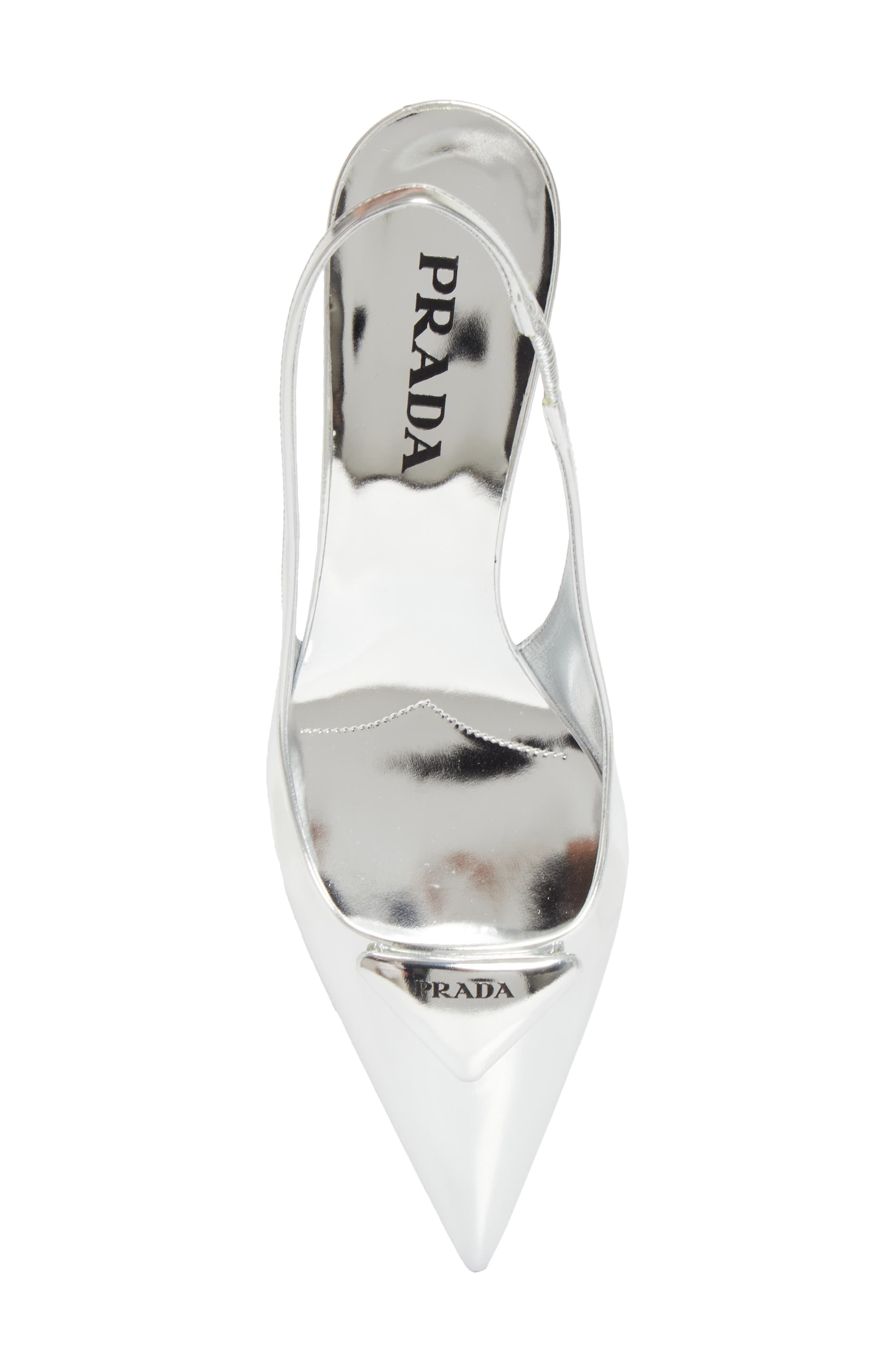 Prada Modellerie Pointed Toe Metallic Kitten Heel Slingback Pump, Alternate, color, Argento