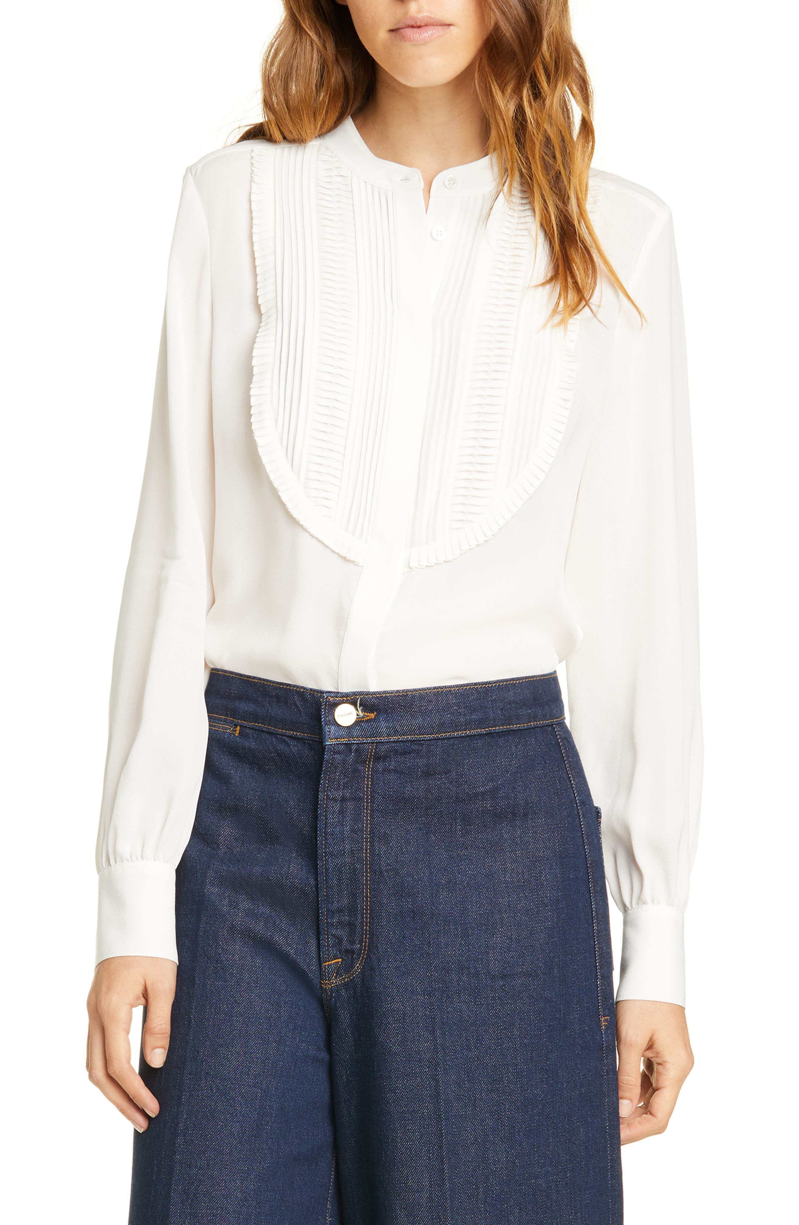 FRAME Pintuck Ruffle Bib Silk Blouse (Women) | Nordstromrack