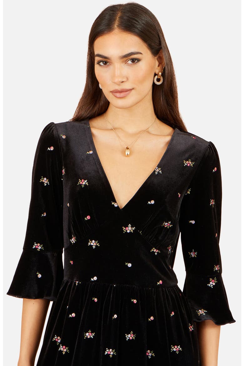 Velvet Embroidered V-Neck Midi Dress, Alternate, color, Black