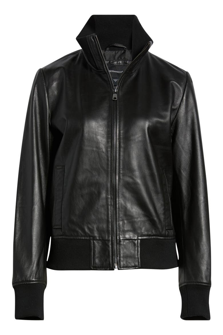 Knit Collar Leather Jacket, Alternate, color, BLACK