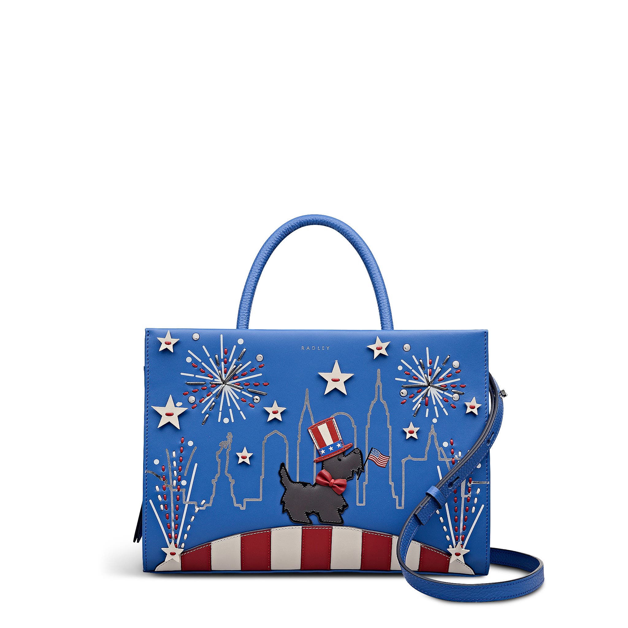 Radley Fireworks And Stripes Medium Ziptop Satchel Bag, Main, color, Cobalt