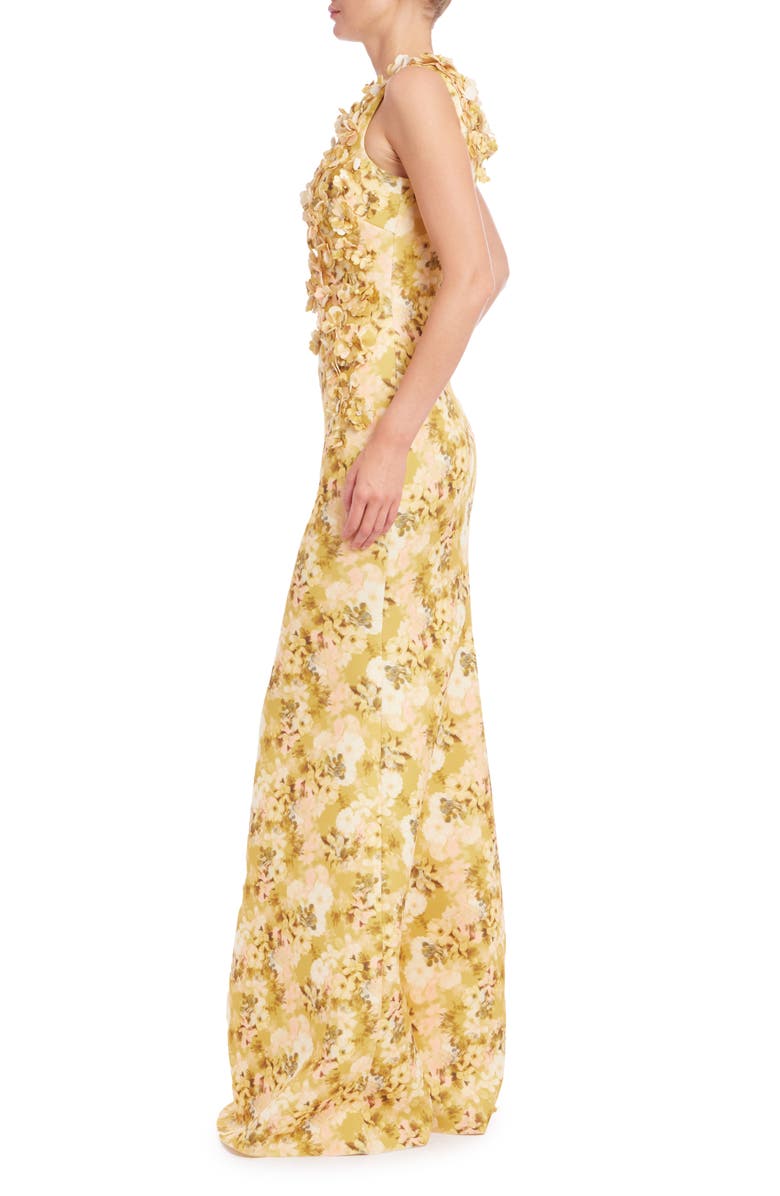 Badgley Mischka Collection Floral Appliqué Scuba Knit Column Gown, Alternate, color, Yellow Multi