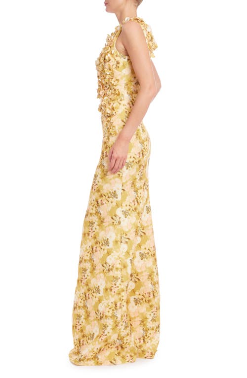 Badgley Mischka Floral-print Scuba Trumpet Gown In Yellow Multi