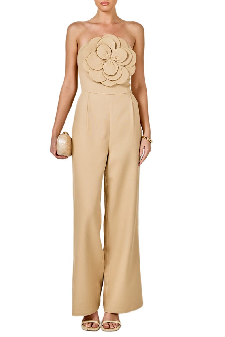 Floral Appliqué Strapless Jumpsuit, Main, color, TAN