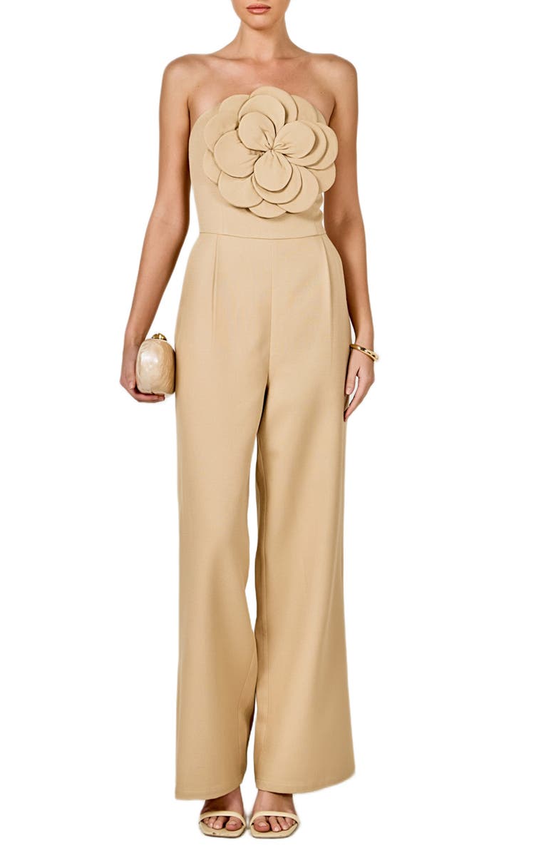 Endless Rose Floral Appliqué Strapless Jumpsuit, Main, color, Tan