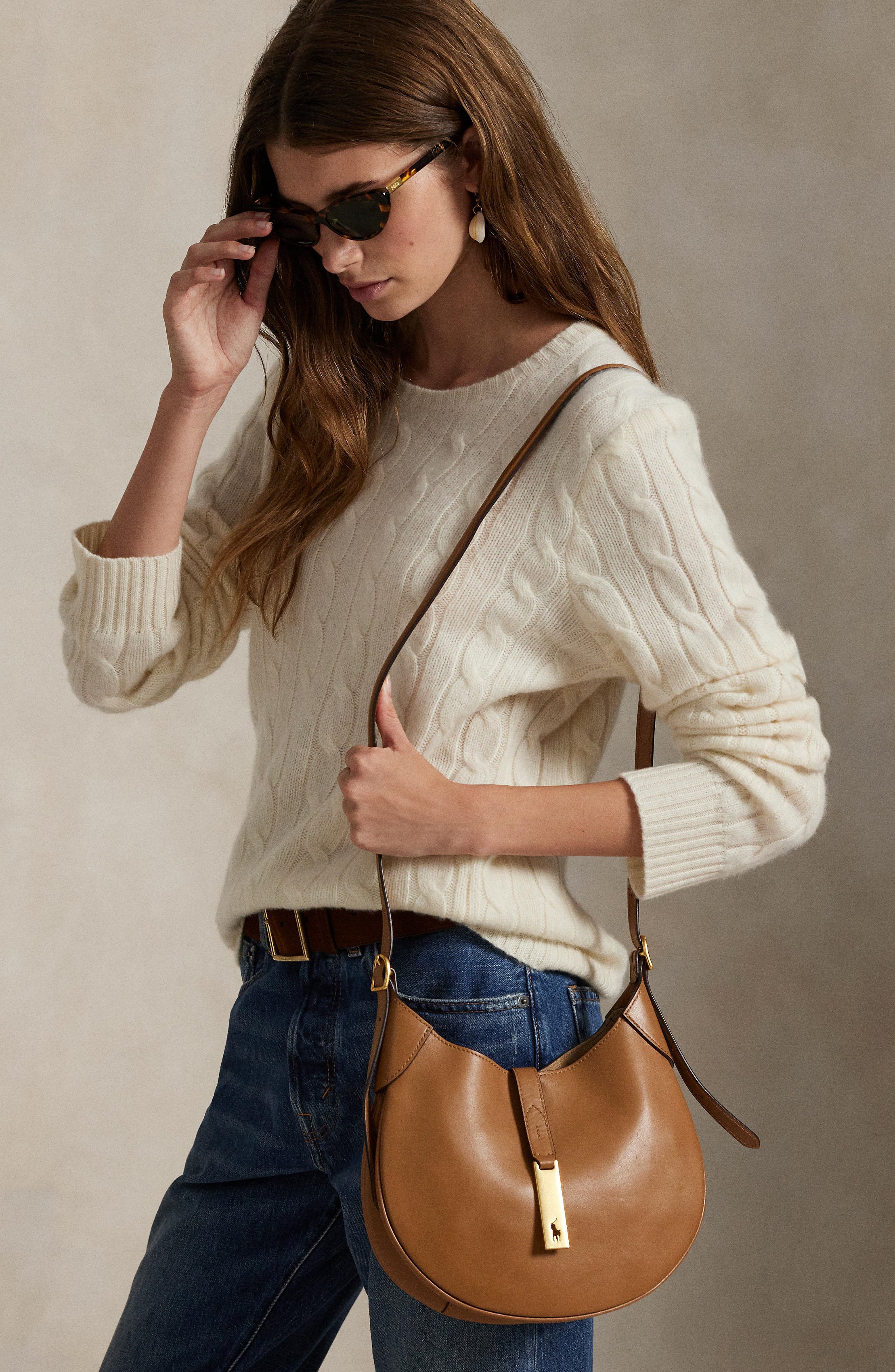 Small Polo ID Leather Shoulder Bag, Alternate, color, TAN