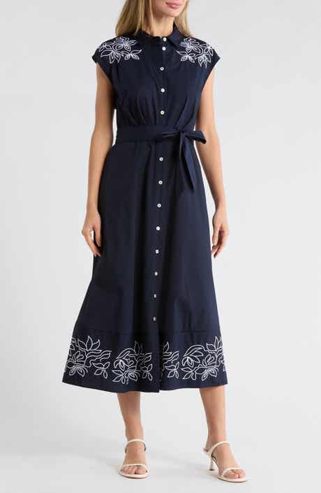 Ellen Tracy Floral Embroidered Poplin Shirtdress