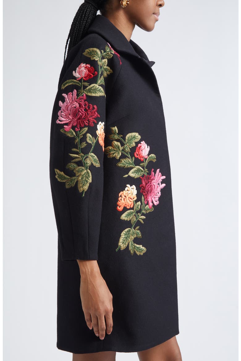 Chrysanthemum Embroidered Double Face Virgin Wool Cocoon Coat, Alternate, color, BLACK MULTI