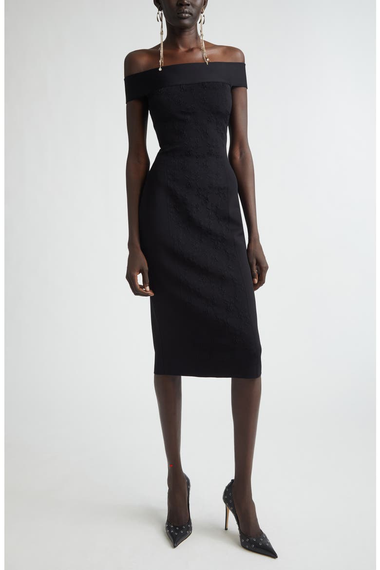 Satin & Jacquard Off the Shoulder Pencil Dress, Main, color, BLACK