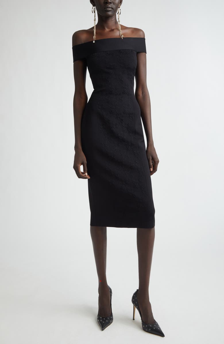 McQueen Satin & Jacquard Off the Shoulder Pencil Dress, Main, color, Black