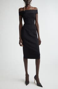 McQueen Satin & Jacquard Off the Shoulder Pencil Dress