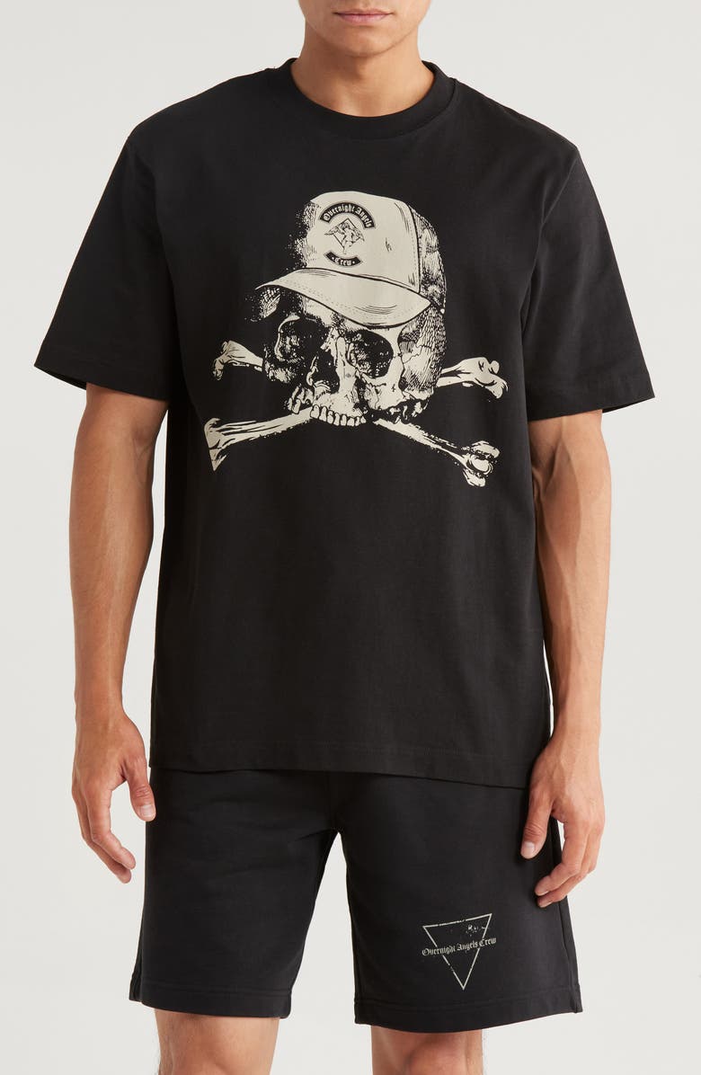 OVERNIGHT ANGELS CREW Skull Cap Oversize Cotton Graphic T-Shirt, Main, color, Black