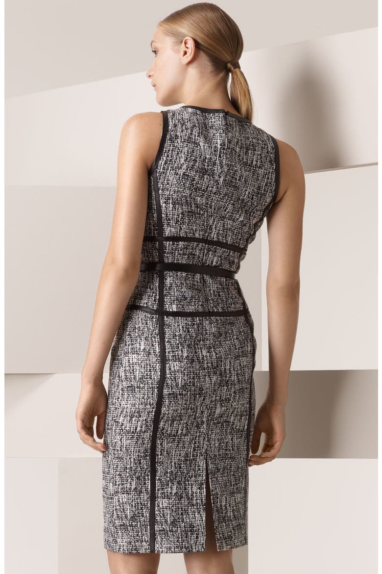 Leather Trim Belted Tweed Sheath Dress, Alternate, color, BLACK/ WHITE