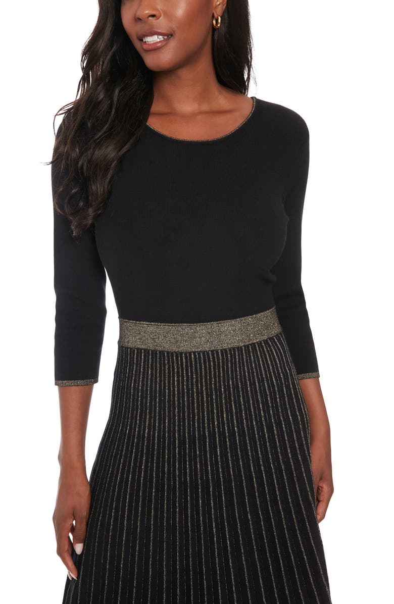 London Times Long Sleeve Pleated Sweater Dress, Alternate, color, Black