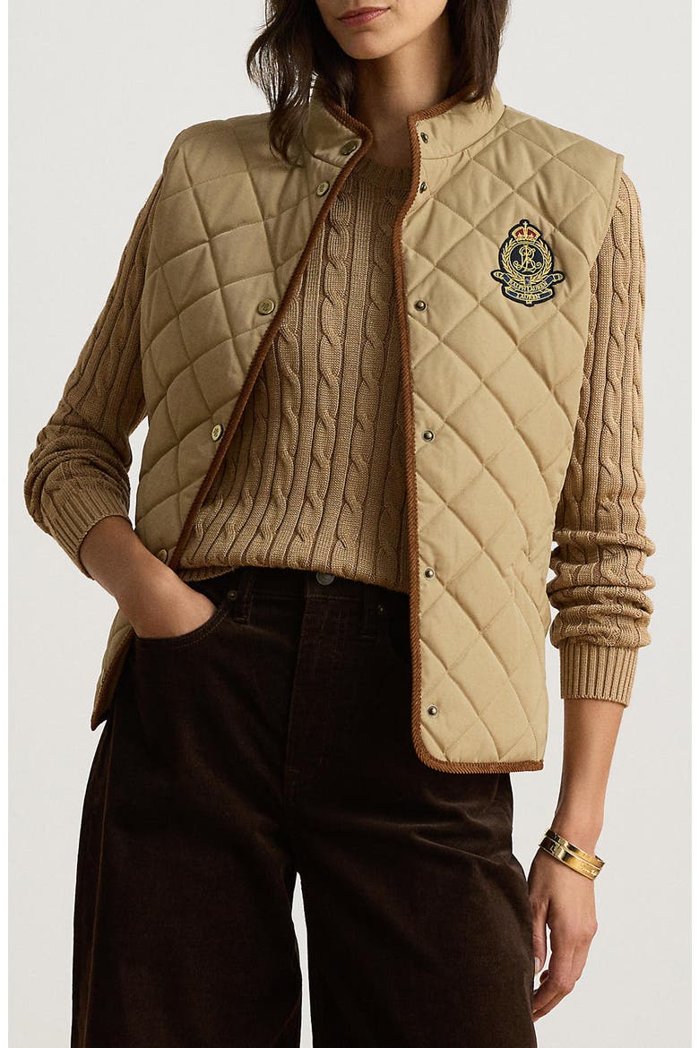 Logo Crest Quilted Vest, Main, color, BIRCH TAN