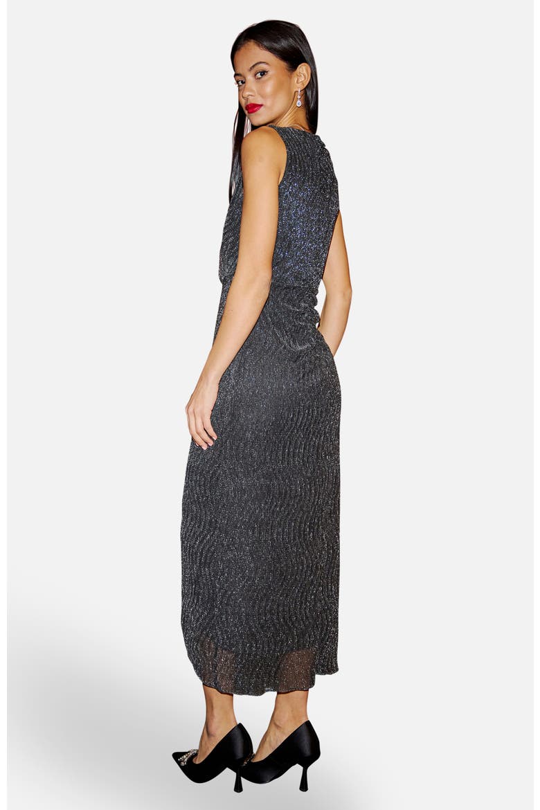 Metallic Pleated Frill Wrap Midi Dress, Alternate, color, Black