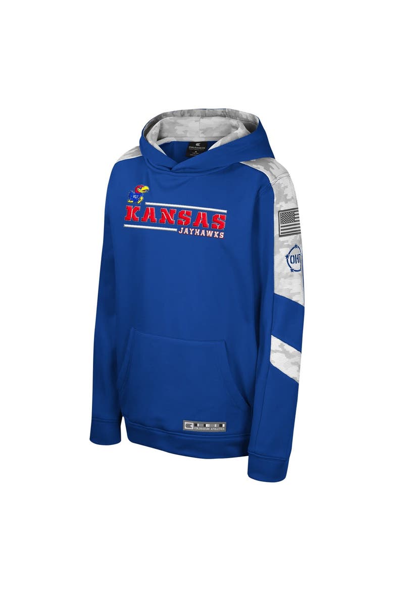 Youth Colosseum Royal Kansas Jayhawks OHT Military Appreciation Cyclone Digital Camo Pullover Hoodie, Alternate, color, Royal