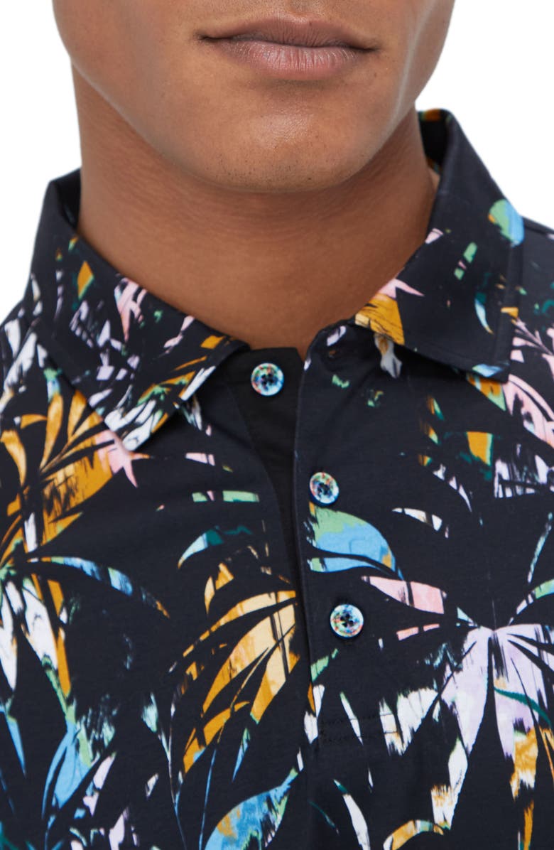 Bugatchi Hendrix Digital Leaf Print Pima Cotton Polo, Alternate, color, Black