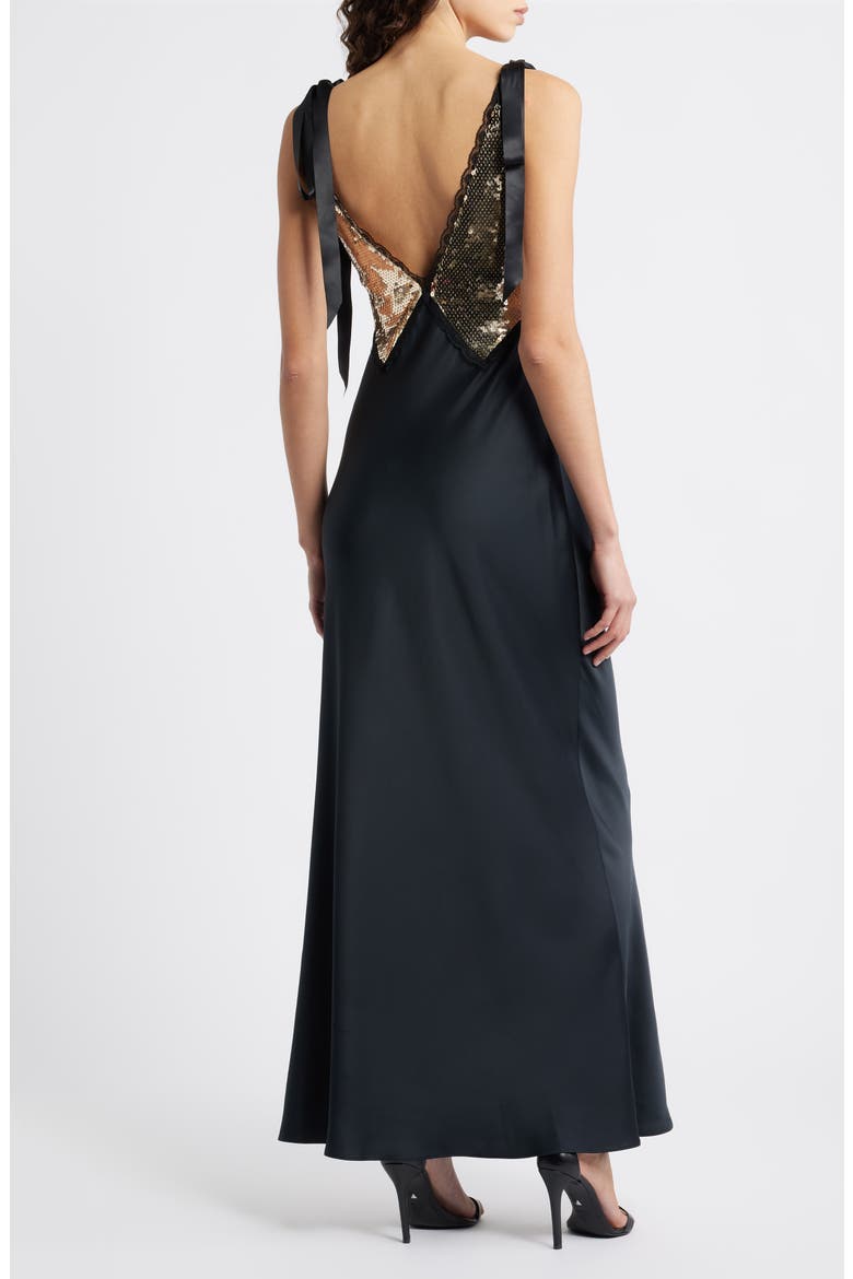 Talissa Sequin Sleeveless Satin Maxi Dress, Alternate, color, BLACK