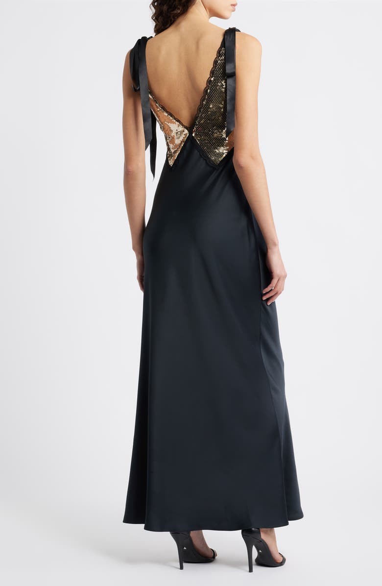 LoveShackFancy Talissa Sequin Sleeveless Satin Maxi Dress, Alternate, color, Black