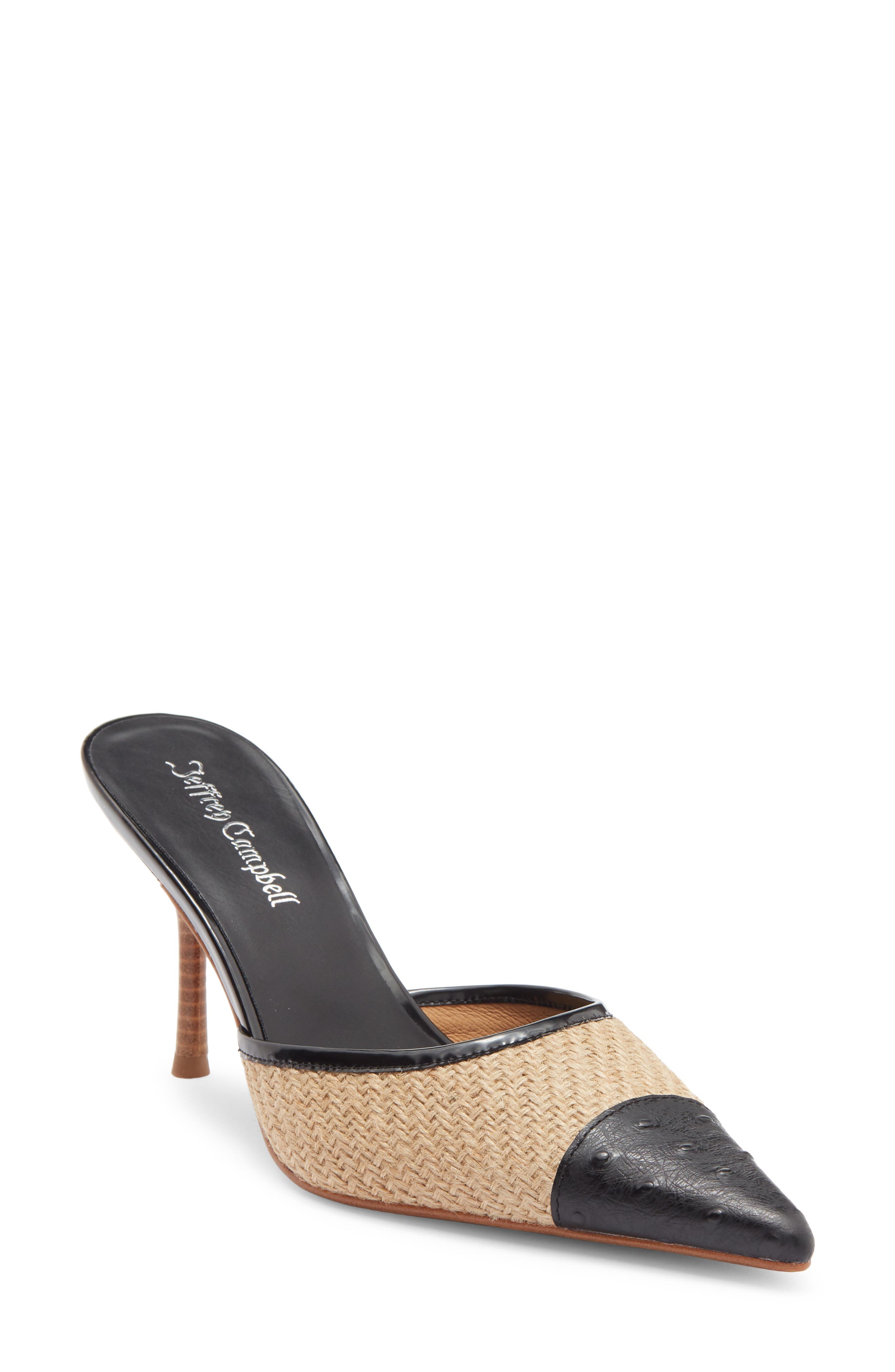 Jeffrey Campbell Parse Pointed Cap Toe Mule, Main, color, Tan Jute Black Ostrich