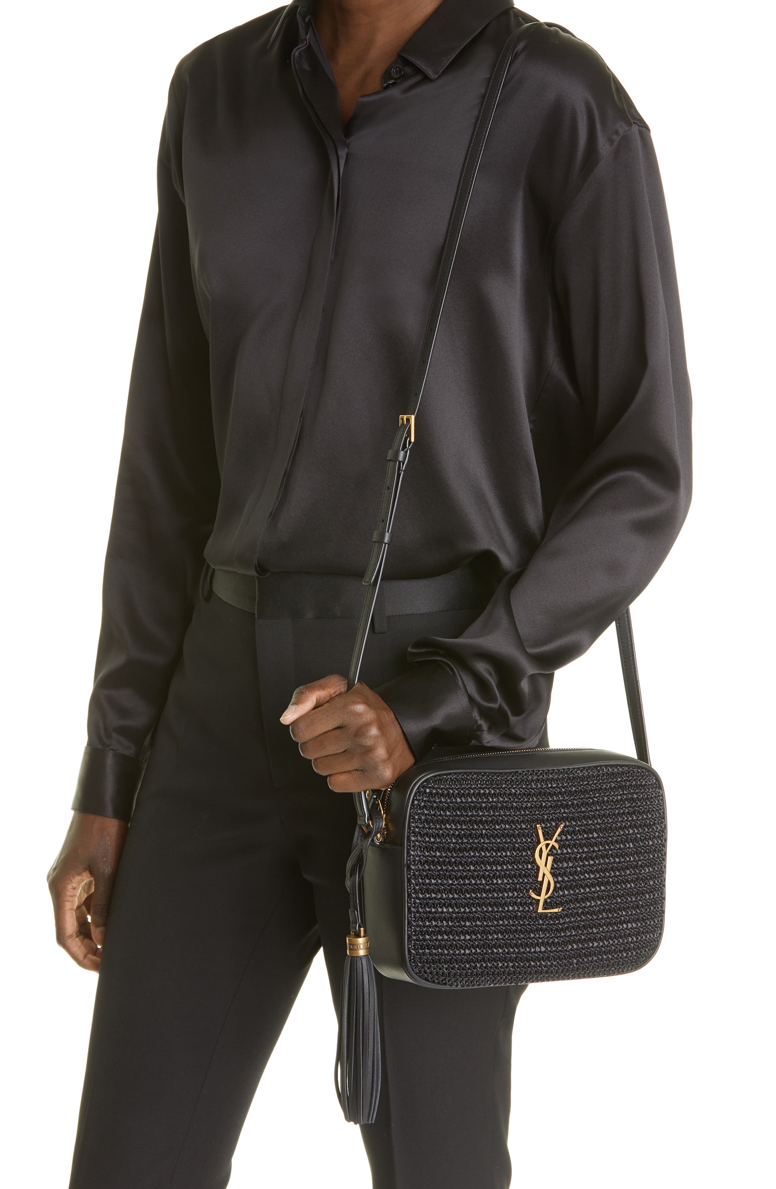 Saint Laurent Medium Lou Raffia & Leather Camera Bag, Alternate, color, 