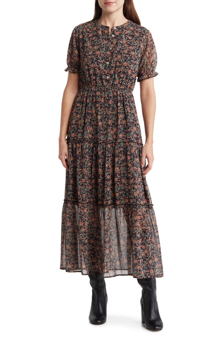 WISHLIST Floral Puff Sleeve Maxi Dress, Main, color, Black