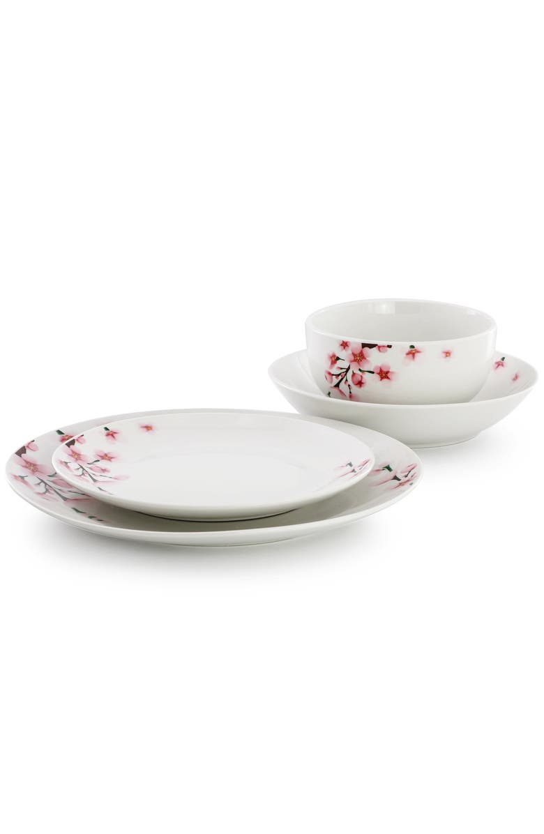 Elama Tamara 16 Piece Porcelain Double Bowl Dinnerware Set, Service for 4, Alternate, color, White