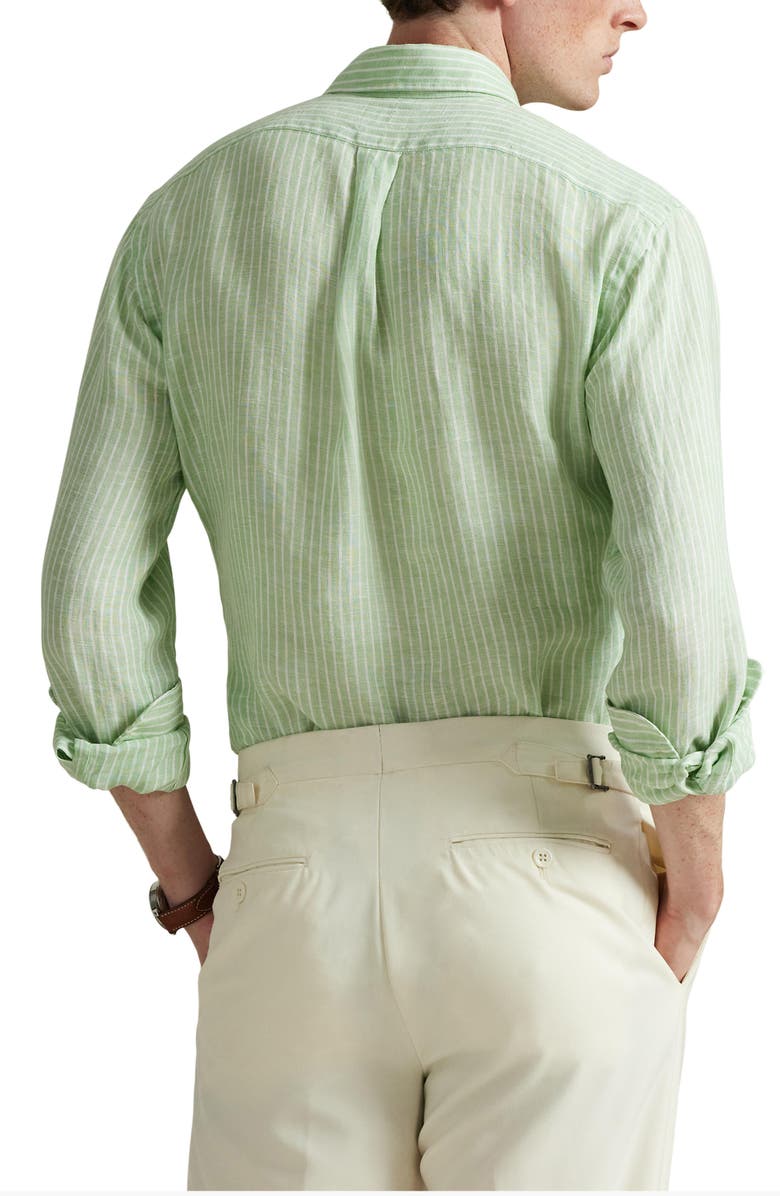 Polo Ralph Lauren Classic Fit Stripe Linen Button-Down Shirt, Alternate, color, Essex Green White