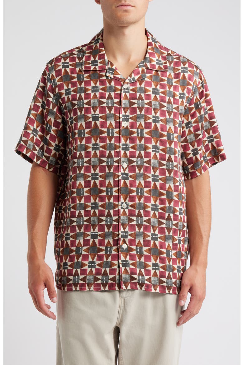 Didicot Painted Geo Pattern Lyocell Camp Shirt, Main, color, BURGUNDY / MULTI