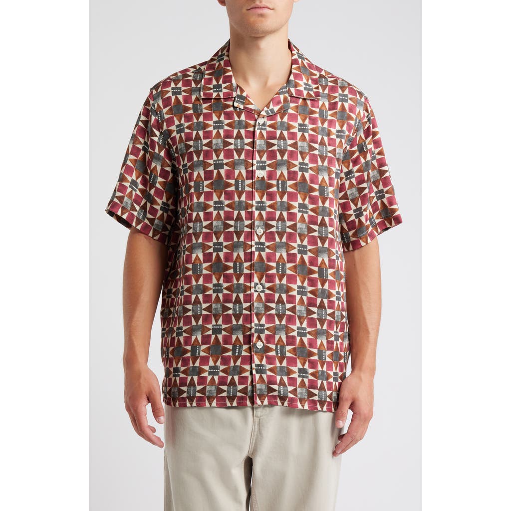 Wax London Didicot Painted Geo Pattern Lyocell Camp Shirt in Burgundy /Multi  product