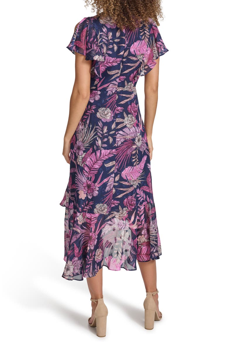 Flutter Sleeve Floral Midi Dress, Alternate, color, NAVY MULTI