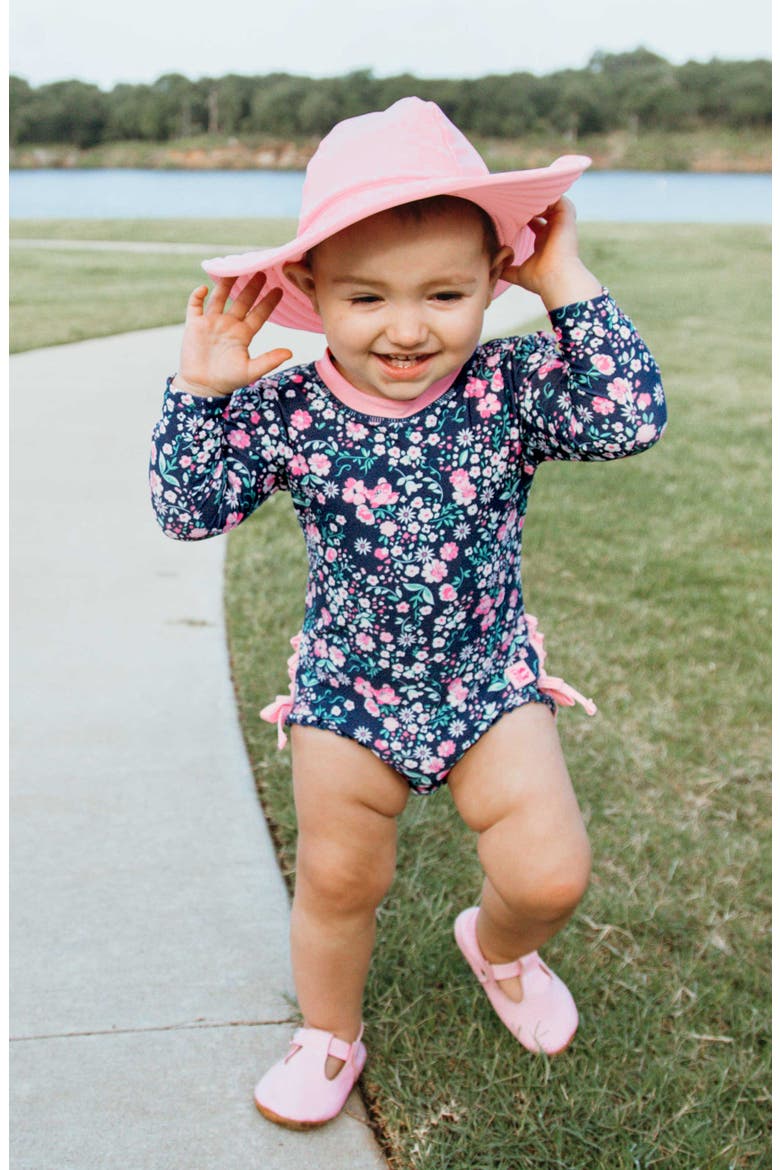 Moonlit Meadow One-Piece Rashguard Swimsuit & Hat Set, Alternate, color, BLUE