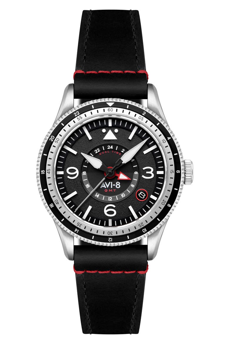 Flyboy Airmaster GMT Leather Strap Watch, 40mm, Main, color, BLACK