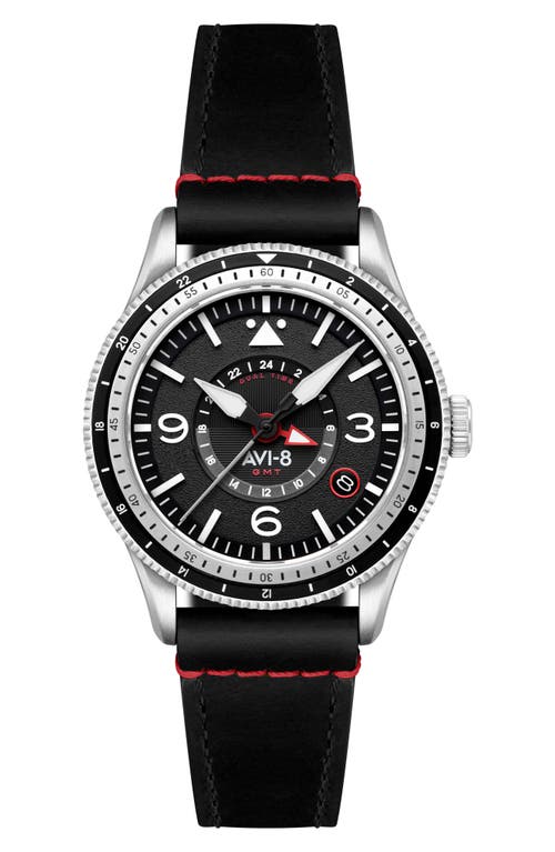 Avi-8 Flyboy Airmaster Gmt Leather Strap Watch, 40mm In Black