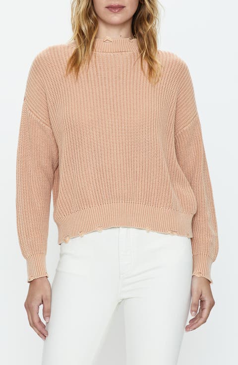 Eva Distressed Cotton Shaker Stitch Crewneck Sweater