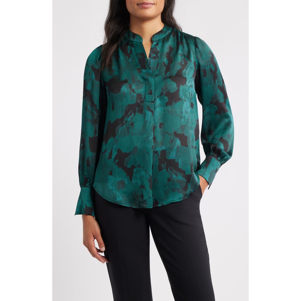 Anne Klein Pleated Print Split Neck Top In Multi