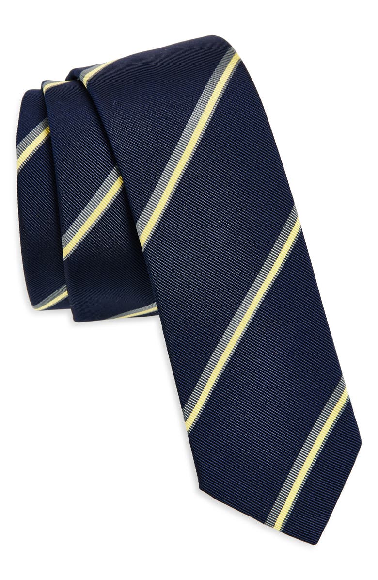 Thom Browne Shadow Stripe Silk & Cotton Mogador Tie, Main, color, Navy