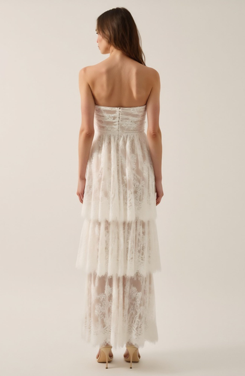Modenaire Strapless High-low Dress With Sheer Bodice And Tiered Skirt In Brown