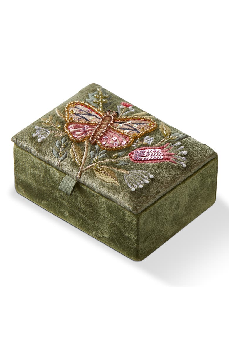 Butterfly Embroidered Rect Box Green Multi Velvet Fabric Everyday, Main, color, Green
