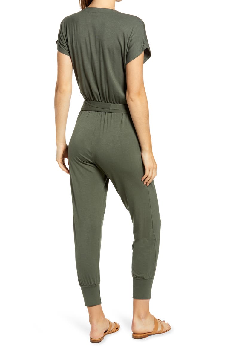 Button Front Tie Jumpsuit, Alternate, color, DARK OLIVE