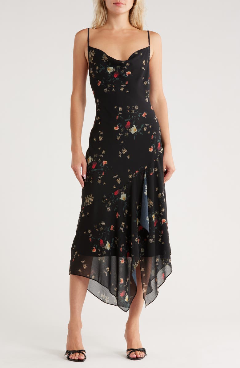 AllSaints Floral Print Slipdress, Main, color, Kora Black