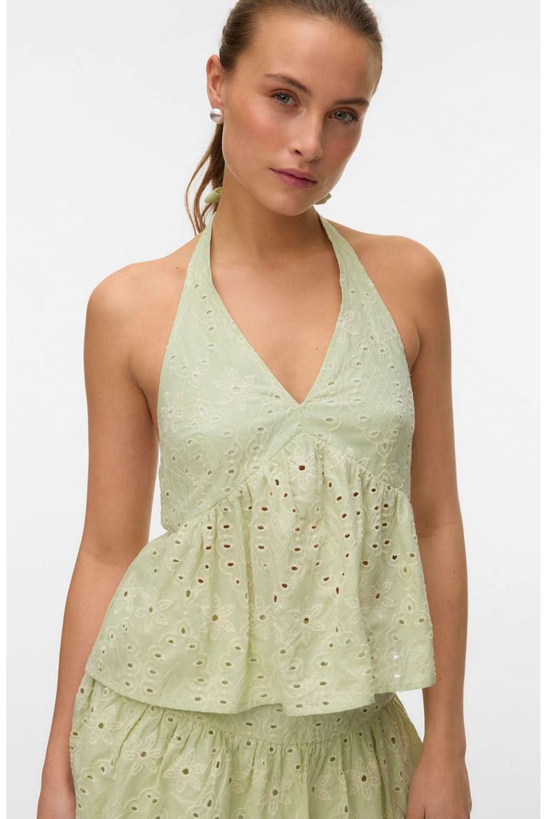 Embroidered Eyelet Halter Neck Babydoll Top, Alternate, color, FOG GREEN DETAIL SNOW WHITE EM