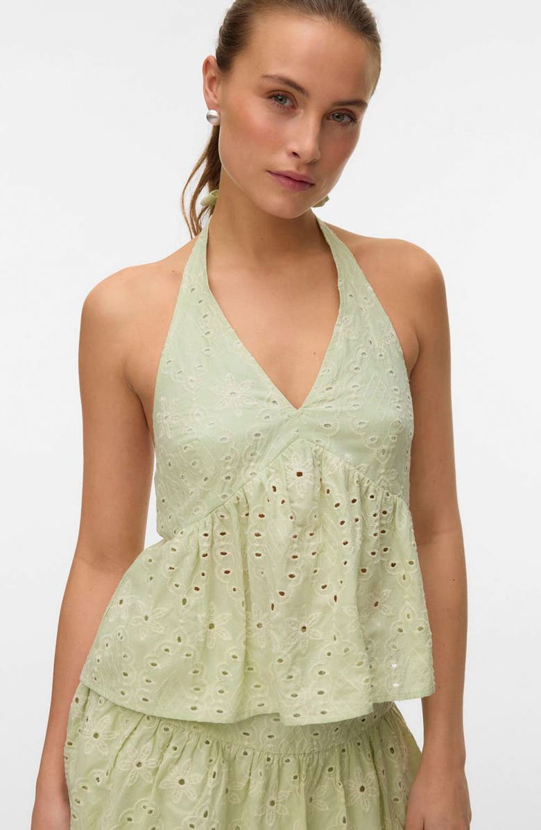 VERO MODA Embroidered Eyelet Halter Neck Babydoll Top, Alternate, color, Fog Green Detail Snow White Em