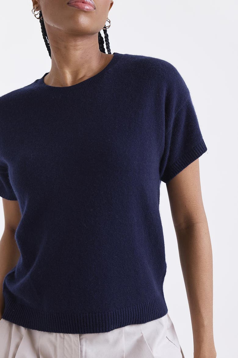 Esme Short Sleeve 100% Cashmere Top, Alternate, color, NAVY