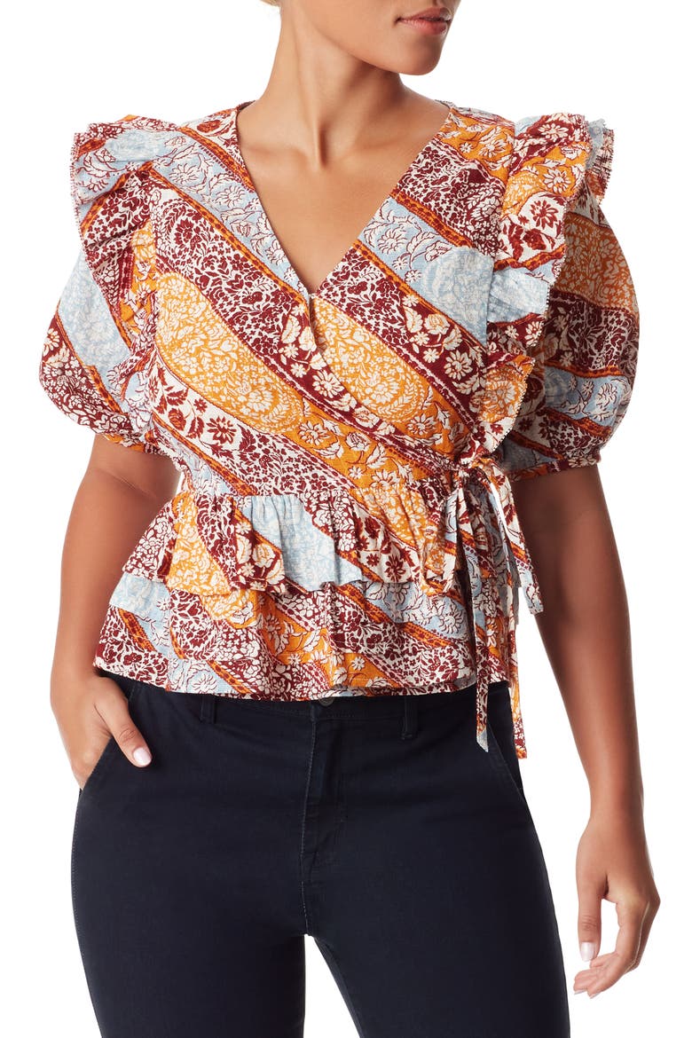 Rina Print Puff Sleeve Peplum Top, Main, color, FIRED BRICK- HERITAGE STRIPE