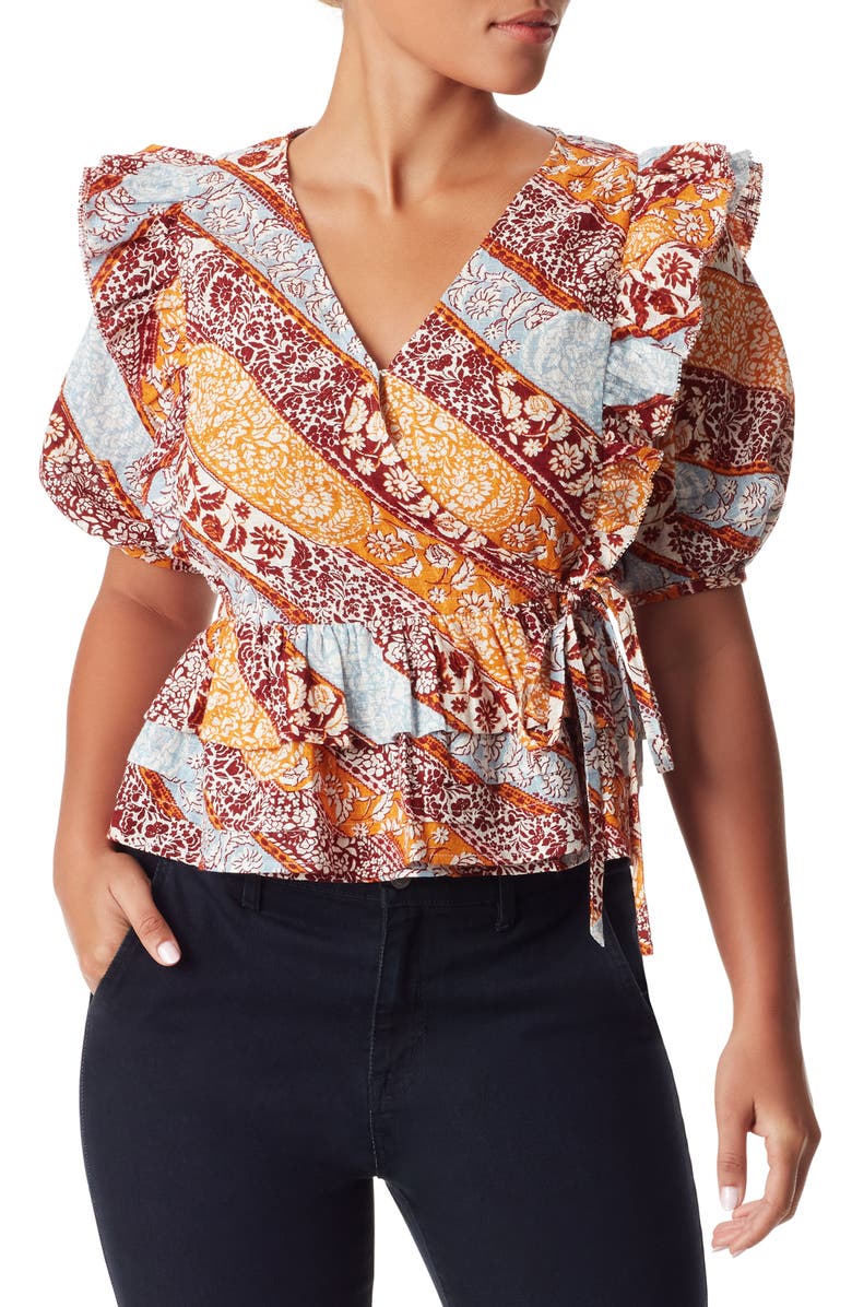 Sam Edelman Rina Print Puff Sleeve Peplum Top, Main, color, 